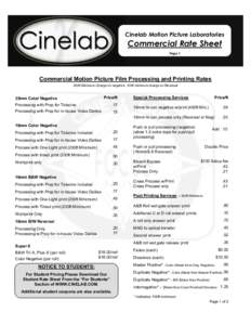 Cinelab Motion Picture Laboratories  Commercial Rate Sheet Page 1  Commercial Motion Picture Film Processing and Printing Rates