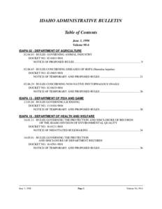 IDAHO ADMINISTRATIVE BULLETIN Table of Contents June 3, 1998 Volume 98-6 IDAPA 02 - DEPARTMENT OF AGRICULTURE[removed]RULES GOVERNING ANIMAL INDUSTRY