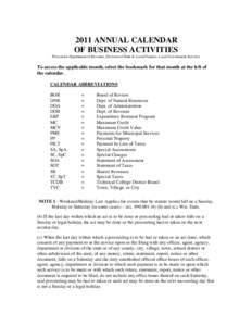 2011 ANNUAL CALENDAR OF BUSINESS ACTIVITIES Wisconsin Department of Revenue, Division of State & Local Finance, Local Government Services To access the applicable month, select the bookmark for that month at the left of 