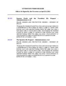 Bills to be Signed by the Governor on April 14, 2014