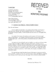 Certified Mail Stephanie L. Beckhom Manager, WIA Section Workforce Development Agency 201 N. Washington Square Lansing, MI 48913