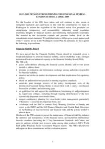 London Summit declaration on strengthening the financial system (2 April 2009)