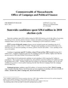 Commonwealth of Massachusetts Office of Campaign and Political Finance FOR IMMEDIATE RELEASE Feb. 9, 2011  CONTACT: Jason Tait