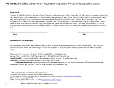 WIC-CYSHCN/Birth Defects Nutrition Mentor Program Core Competencies Professional Development Assessment  Background The WIC-CYSHCN/Birth Defects Nutrition Mentor Program Core Competencies reflect knowledge and skills rel