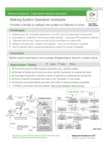 Software Systems : Dependable System Operation  Making System Operation Undoable Provide a facility to rollback the system on failures in cloud  Ingo Weber