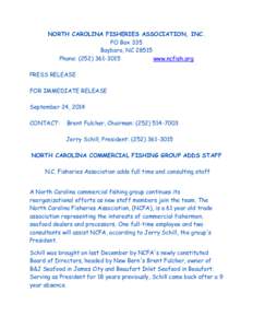 NORTH CAROLINA FISHERIES ASSOCIATION, INC. PO Box 335 Bayboro, NCPhone: (www.ncfish.org PRESS RELEASE