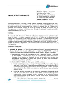 DECISIÓN AMPARO Nº A327-09  Entidad pública: Corporación Municipal de San Miguel Requirente: Asociación Nacional de Consumidores Pro Derechos