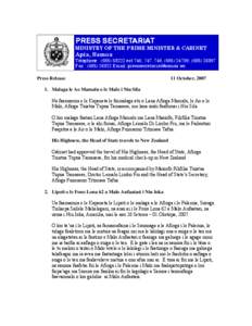 PRESS SECRETARIAT  MINISTRY OF THE PRIME MINISTER & CABINET Apia, Samoa Telephone : ([removed]ext 746, 747, 748, ([removed], ([removed]