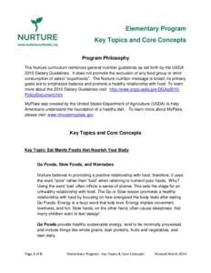 Elementary Program Key Topics and Core Concepts Program Philosophy The Nurture curriculum reinforces general nutrition guidelines as set forth by the USDA 2010 Dietary Guidelines. It does not promote the exclusion of any