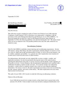 U.S. Department of Labor  Office of Labor-Management Standards Cleveland Office 1240 East 9th Street, Suite 831 Cleveland, OH 44199