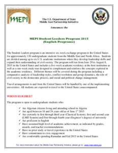 The U.S. Department of State Middle East Partnership Initiative Announces the MEPI Student Leaders Program[removed]English Programs)