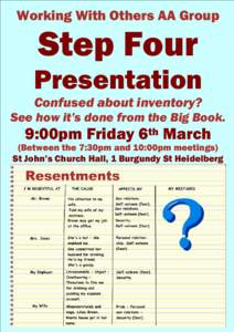 Working With Others AA Group  Step Four Presentation Confused about inventory? See how it’s done from the Big Book.