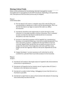 Moving	
  Critical	
  Tools	
   Below	
  are	
  the	
  milestones	
  for	
  transitioning	
  volunteer-­‐managed	
  (or	
  vendor-­‐ managed)	
  tools	
  to	
  management	
  by	
  the	
  IETF	
  S