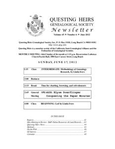 QUESTING HEIRS GENEALOGICAL SOCIETY N e w s l e tt e r Volume 45  Number 6  June 2012