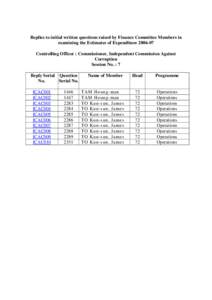 Replies to initial written questions raised by Finance Committee Members in examining the Estimates of Expenditure[removed]Controlling Officer : Commissioner, Independent Commission Against Corruption Session No. : 7 Rep