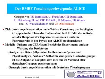 Der BMBF Forschungsschwerpunkt ALICE Gruppen von TU Darmstadt, U. Frankfurt, GSI Darmstadt,  U. Heidelberg PI und KIP, FH Köln, U. Münster, FH Worms  total  53 Wissenschaftler  und  27 Dok