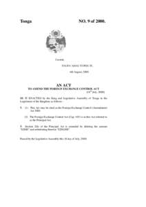 Tonga  NO. 9 of[removed]I assent, TAUFA’AHAU TUPOU IV,