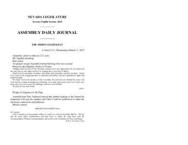 NEVADA LEGISLATURE Seventy-Eighth Session, 2015 ASSEMBLY DAILY JOURNAL THE THIRTY-EIGHTH DAY CARSON CITY (Wednesday) March 11, 2015