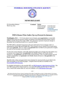 FHFA NEWS RELEASE:  FHFA House Price Index Up 0.3 Percent in January