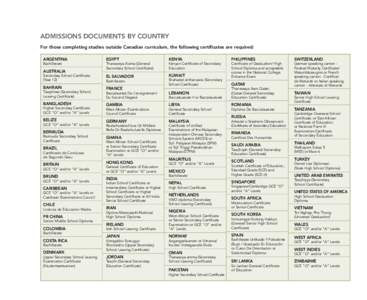 ADMISSIONS DOCUMENTS BY COUNTRY For those completing studies outside Canadian curriculum, the following certificates are required: ARGENTINA EGYPT