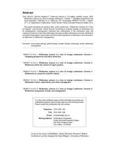 Abstract Cole, David N.; McCool, Stephen F.; Freimund, Wayne A.; O’Loughlin, Jennifer, comps[removed]Wilderness science in a time of change conference—Volume 1: Changing perspectives and future directions; 1999 May 23