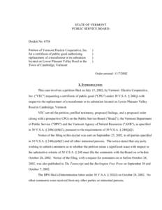 STATE OF VERMONT PUBLIC SERVICE BOARD Docket No[removed]Petition of Vermont Electric Cooperative, Inc. for a certificate of public good authorizing