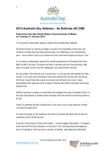   [removed]Australia Day Address – Ita Buttrose AO OBE Delivered at the New South Wales Conservatorium of Music on Tuesday 21 January 2014