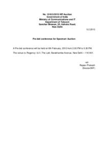 No[removed]WF/Auction Government of India Ministry of Communications and IT Department of Telecom Sanchar Bhawan, 20, Ashoka Road, New Delhi