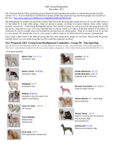 AKC Group Realignment December, 2011 The American Kennel Club is proposing group realignment and expanding the number of conformation groups from the current 7 to 11. If you would like to read the list of groups and the 