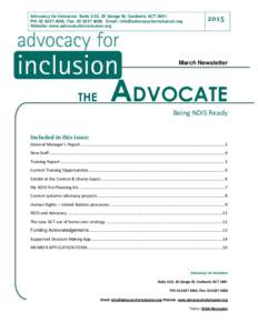 Advocacy for Inclusion. Suite 2.02, 20 Genge St, Canberra ACT[removed]PH: [removed], Fax: [removed]Email: [removed] Website: www.advocacyforinclusion.org 2015