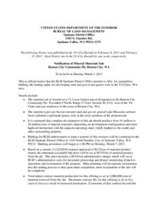 Bureau of Land Management / Conservation in the United States / United States Department of the Interior / First-price sealed-bid auction / Mining / Spokane people / United States / Business / Auctioneering / Auction theory / Environment of the United States