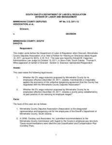 SOUTH DAKOTA DEPARTMENT OF LABOR & REGULATION DIVISION OF LABOR AND MANAGEMENT MINNEHAHA COUNTY DEPUTIES ASSOCIATION, et al.,  HF No. 5 G, [removed]