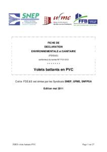 FICHE DE DECLARATION ENVIRONNEMENTALE et SANITAIRE (FDE&S) conforme à la norme NF P