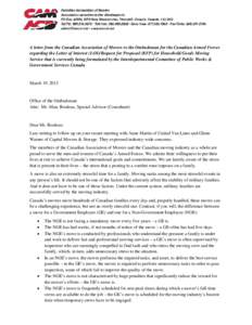 A letter from the Canadian Association of Movers to the Ombudsman for the Canadian Armed Forces regarding the Letter of Interest (LOI)/Request for Proposal (RFP) for Household Goods Moving Service that is currently being