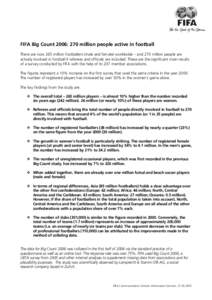 FIFA Big Count 2006: 270 million people active in football There are now 265 million footballers (male and female) worldwide – and 270 million people are actively involved in football if referees and officials are incl