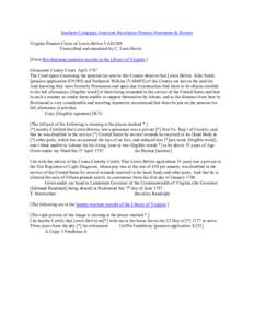 Southern Campaign American Revolution Pension Statements & Rosters Virginia Pension Claim of Lewis Belvin VAS1208 Transcribed and annotated by C. Leon Harris [From Revolutionary pension records in the Library of Virginia