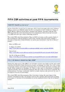 FIFA CSR activities at past FIFA tournaments  Villages raised over EUR 20 Brazil, Mexico, Nigeria, South Africa, Vietnam and Ukraine. Together with the LOC, FIFA launched the environmental protection programme Green Goal