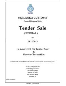 SRI LANKA CUSTOMS Central Disposal Unit Tender Sale (GENERAL ) ON