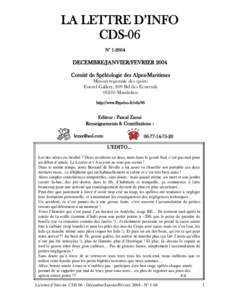 LA LETTRE D’INFO CDS-06 N° DECEMBRE/JANVIER/FEVRIER 2004 Comité de Spéléologie des Alpes-Maritimes