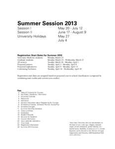 Summer Session 2013 Session I	 Session II University Holidays