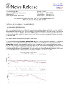 News Release U.S. Department of Labor Employment and Training Administration Washington, D.C. Release Number: USDL[removed]NAT