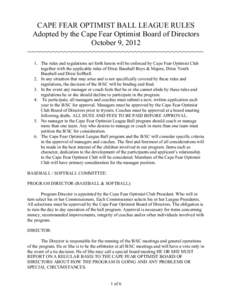 CAPE FEAR OPTIMIST BALL LEAGUE RULES Adopted by the Cape Fear Optimist Board of Directors October 9, 2012 ~~~~~~~~~~~~~~~~~~~~~~~~~~~~~~~~~~~~~~~~~~~ 1. The rules and regulations set forth herein will be enforced by Cape