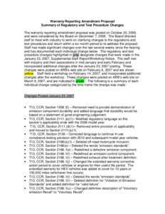 Rulemaking: [removed]Warranty Reporting Amendment Proposal Summary of Regulatory and Test Procedure Changes