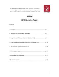 Al-Haq 2011 Narrative Report Contents: I. Introduction …………………………………………………………………………. . p. 2