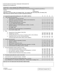 PLEASE RETURN TO THE SPEECH LANGUAGE PATHOLOGIST BY: Language/Cultural Background: TEAM INPUT: Social Language Early Childhood Education (EC) (Illinois Early Learning and Development Standards, Preschool-Revised are prov