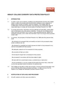 HENLEY COLLEGE COVENTRY DATA PROTECTION POLICY 1 INTRODUCTION  1.1