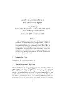 Analytic Continuation of the Theodorus Spiral J¨org Waldvogel