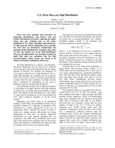 Submitted to Nature  U.S. Firm Sizes are Zipf Distributed Robert L. Axtell Center on Social and Economic Dynamics, The Brookings Institution 1775 Massachusetts Avenue, NW, Washington, D.C