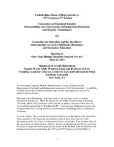 United States House of Representatives 113th Congress, 2nd Session Committee on Homeland Security Subcommittee on Cybersecurity, Infrastructure Protection and Security Technologies and