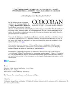 CORCORAN GALLERY OF ART AND COLLEGE OF ART + DESIGN ANNOUNCES SPECIAL DISCOUNT FOR FURLOUGHED GOVERNMENT WORKERS Federal Employees can 